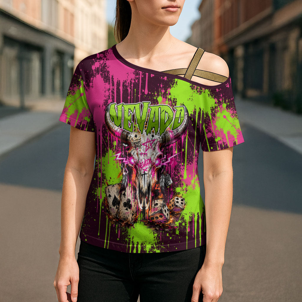Nevada Area 51 Bull Skull Alien UFO Cross Shoulder Shirt Vibrant Pink Lime Paint Drip Graffiti Street Art Style