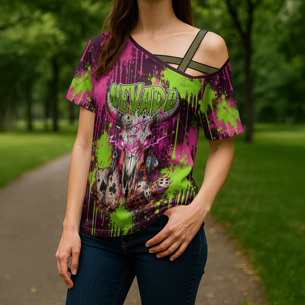 Nevada Area 51 Bull Skull Alien UFO Cross Shoulder Shirt Vibrant Pink Lime Paint Drip Graffiti Street Art Style