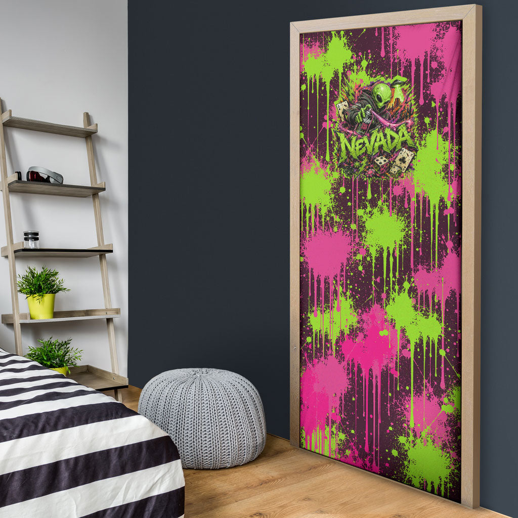 Nevada Area 51 Bull Skull Alien UFO Door Cover Vibrant Pink Lime Paint Drip Graffiti Street Art Style