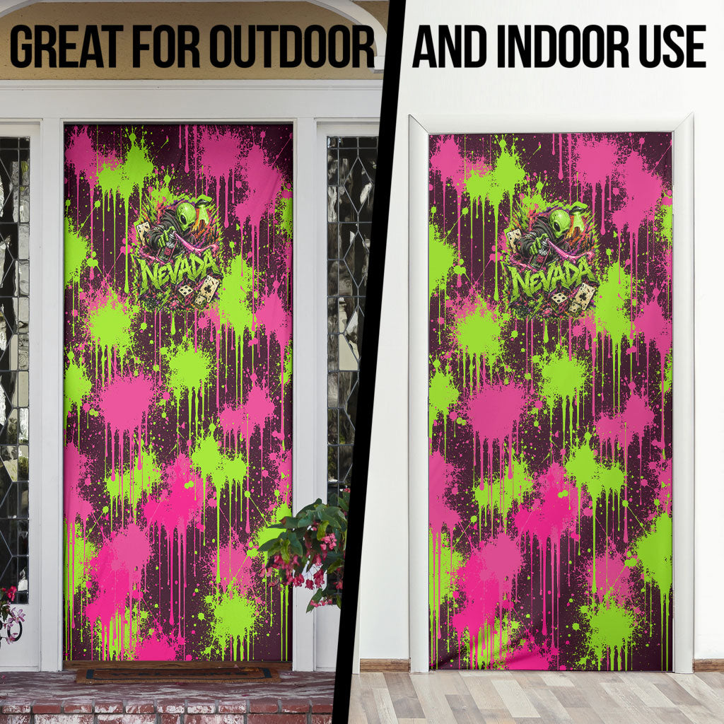 Nevada Area 51 Bull Skull Alien UFO Door Cover Vibrant Pink Lime Paint Drip Graffiti Street Art Style