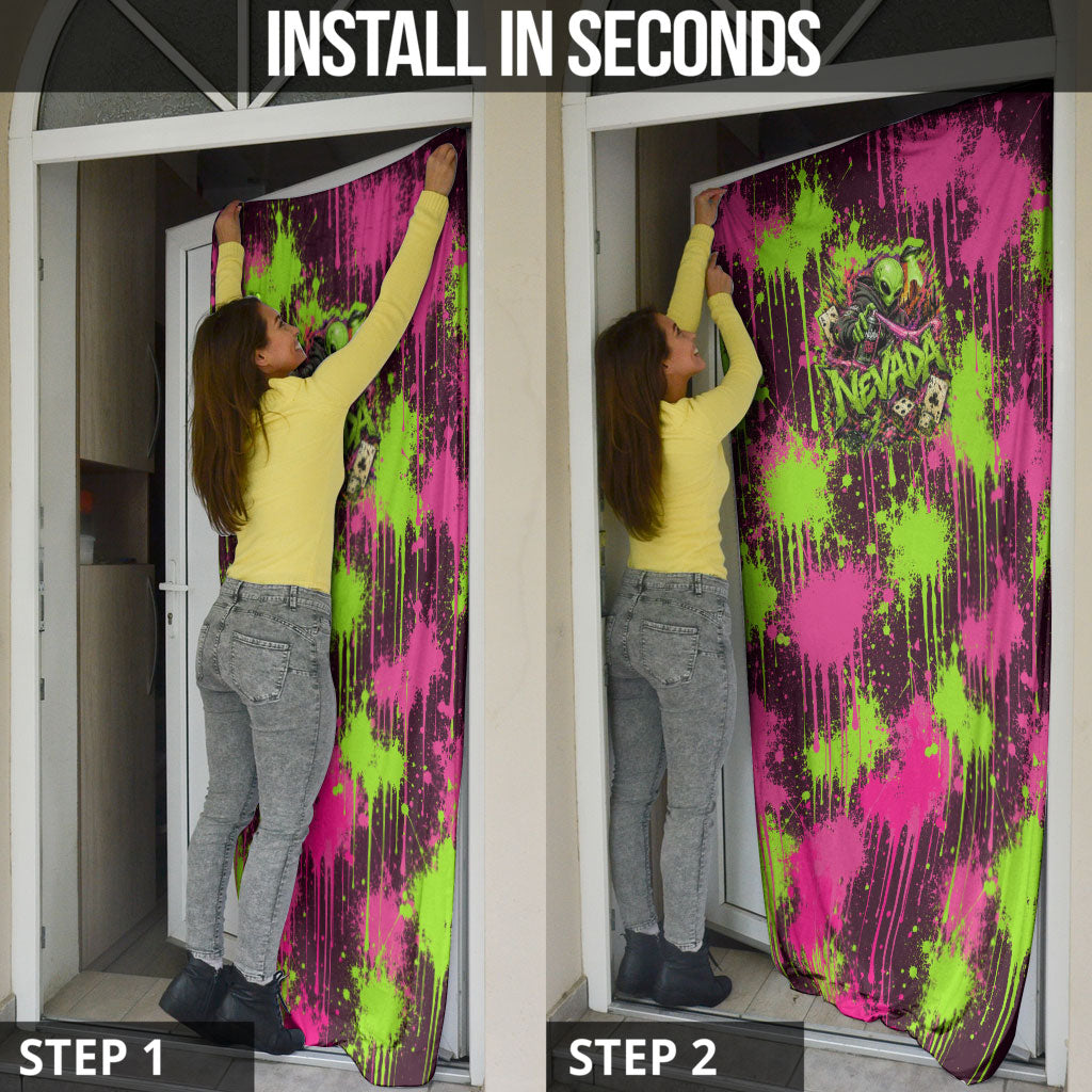 Nevada Area 51 Bull Skull Alien UFO Door Cover Vibrant Pink Lime Paint Drip Graffiti Street Art Style