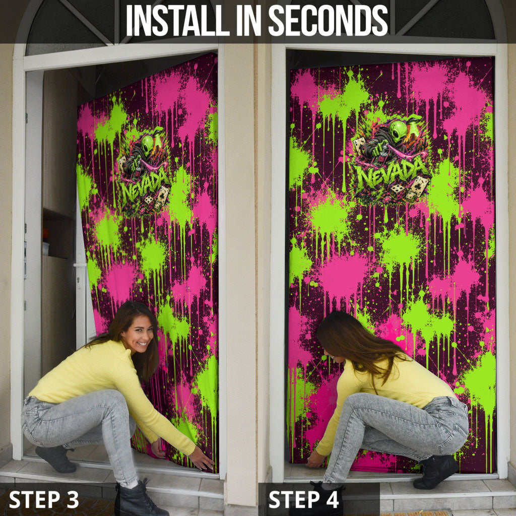 Nevada Area 51 Bull Skull Alien UFO Door Cover Vibrant Pink Lime Paint Drip Graffiti Street Art Style