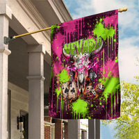 Nevada Area 51 Bull Skull Alien UFO Garden Flag Vibrant Pink Lime Paint Drip Graffiti Street Art Style