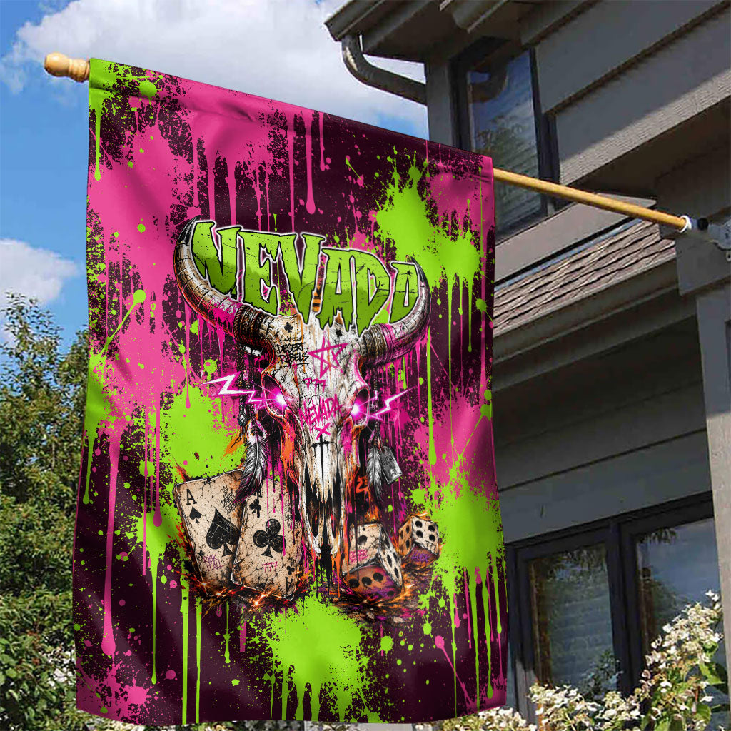 Nevada Area 51 Bull Skull Alien UFO Garden Flag Vibrant Pink Lime Paint Drip Graffiti Street Art Style