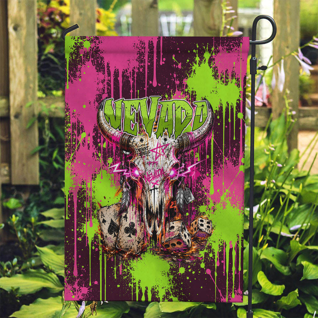 Nevada Area 51 Bull Skull Alien UFO Garden Flag Vibrant Pink Lime Paint Drip Graffiti Street Art Style