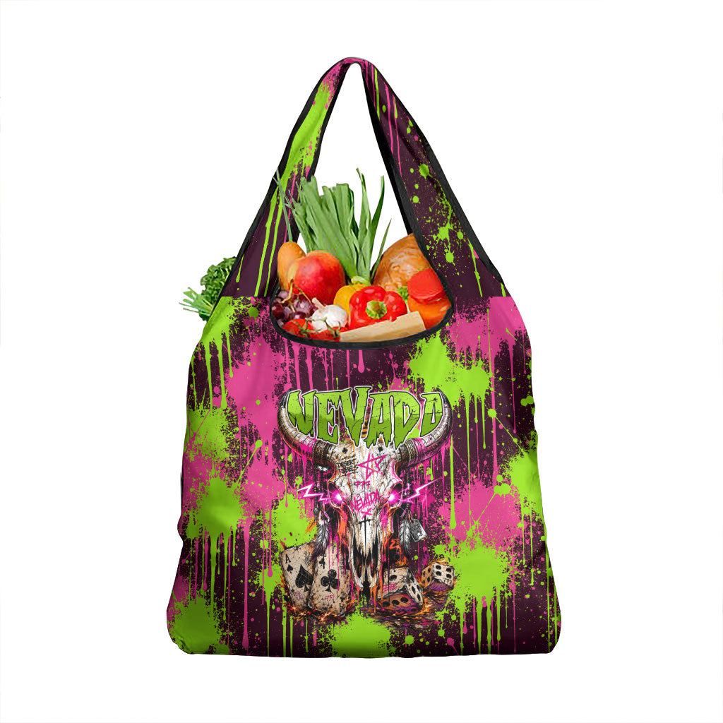 Nevada Area 51 Bull Skull Alien UFO Grocery Bag Vibrant Pink Lime Paint Drip Graffiti Street Art Style