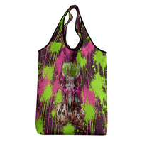 Nevada Area 51 Bull Skull Alien UFO Grocery Bag Vibrant Pink Lime Paint Drip Graffiti Street Art Style