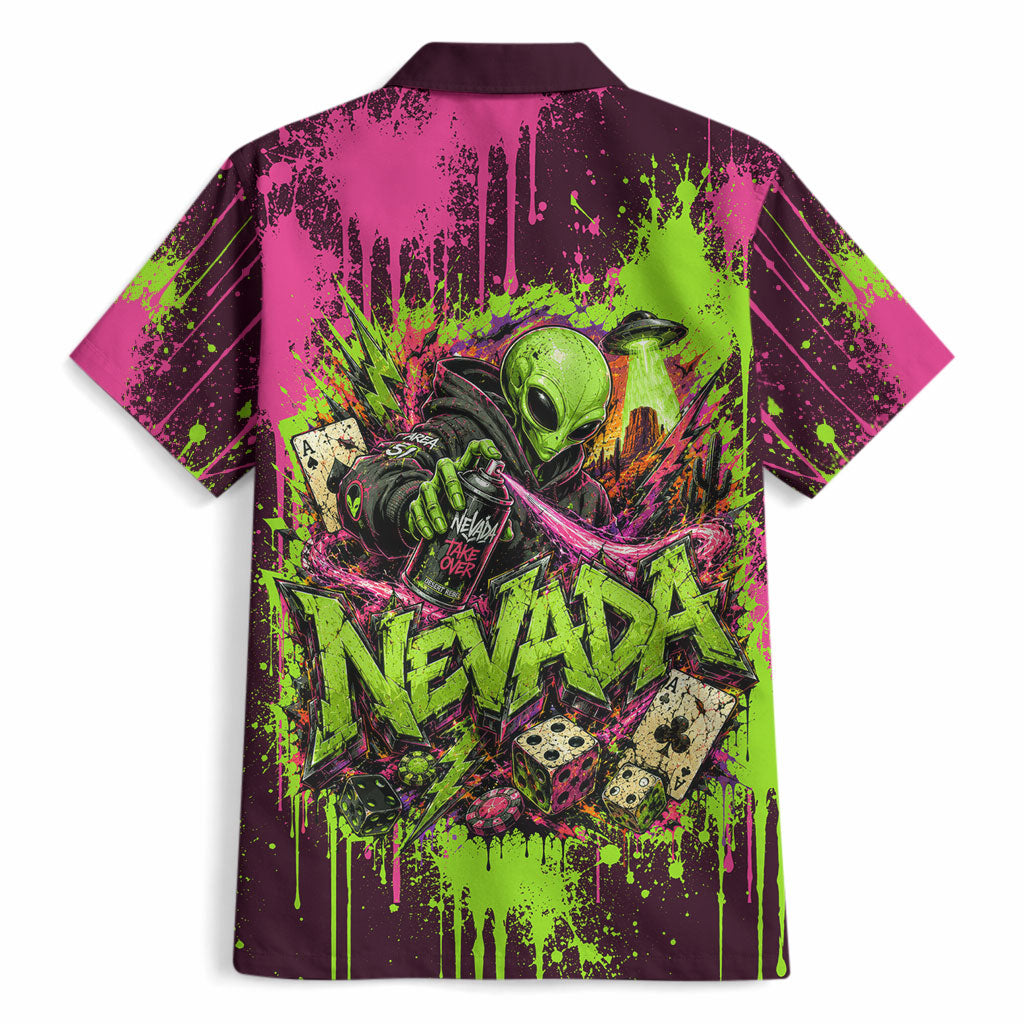 Nevada Area 51 Bull Skull Alien UFO Hawaiian Shirt Vibrant Pink Lime Paint Drip Graffiti Street Art Style