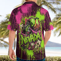 Nevada Area 51 Bull Skull Alien UFO Hawaiian Shirt Vibrant Pink Lime Paint Drip Graffiti Street Art Style
