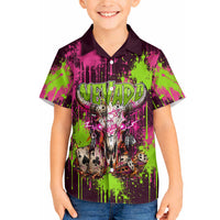 Nevada Area 51 Bull Skull Alien UFO Hawaiian Shirt Vibrant Pink Lime Paint Drip Graffiti Street Art Style