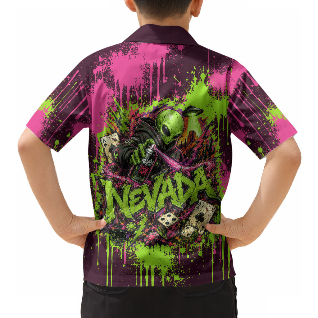 Nevada Area 51 Bull Skull Alien UFO Hawaiian Shirt Vibrant Pink Lime Paint Drip Graffiti Street Art Style