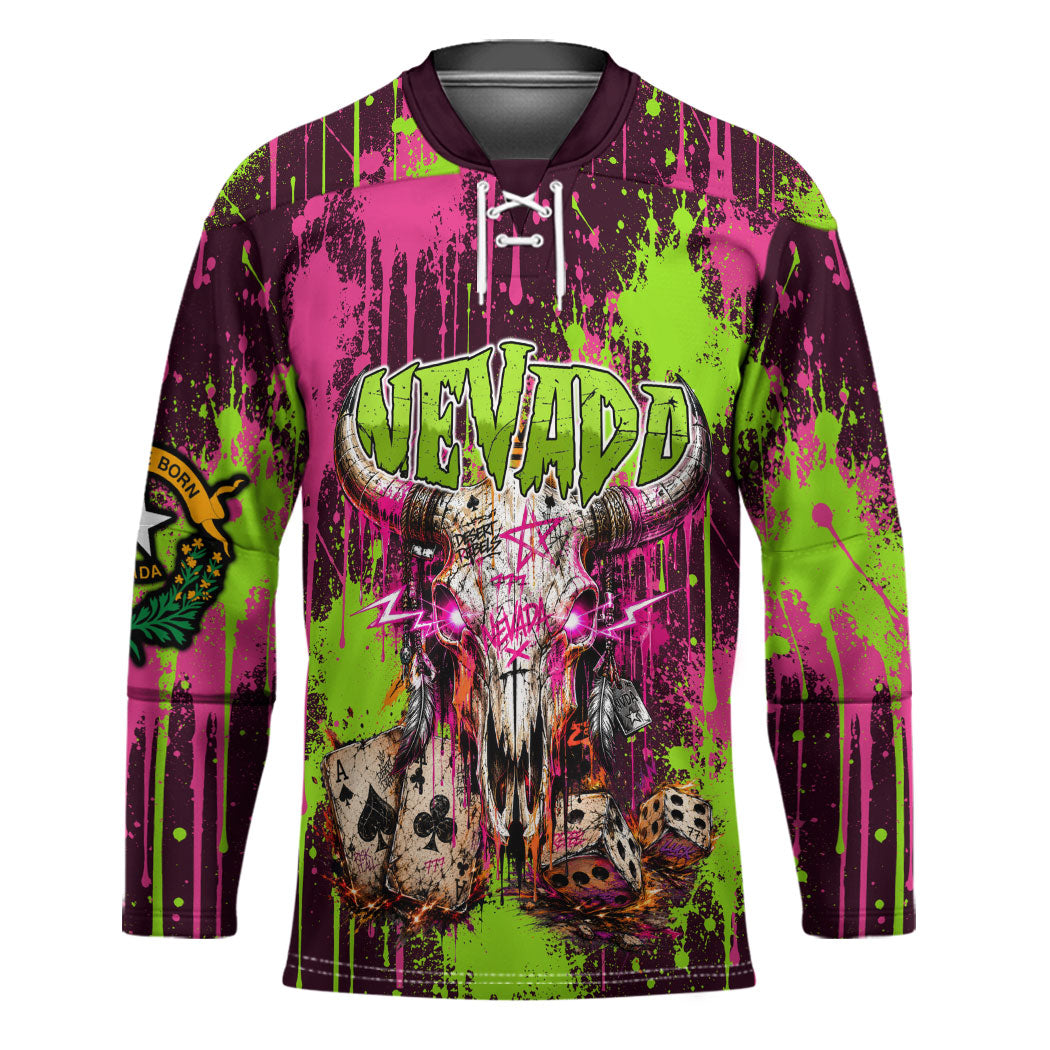 Nevada Area 51 Bull Skull Alien UFO Hockey Jersey Vibrant Pink Lime Paint Drip Graffiti Street Art Style