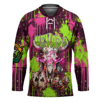 Nevada Area 51 Bull Skull Alien UFO Hockey Jersey Vibrant Pink Lime Paint Drip Graffiti Street Art Style