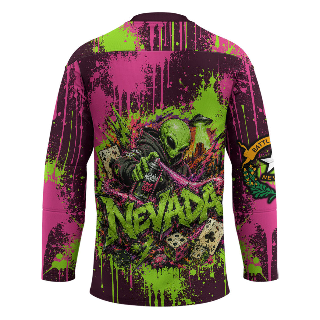 Nevada Area 51 Bull Skull Alien UFO Hockey Jersey Vibrant Pink Lime Paint Drip Graffiti Street Art Style