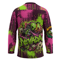 Nevada Area 51 Bull Skull Alien UFO Hockey Jersey Vibrant Pink Lime Paint Drip Graffiti Street Art Style