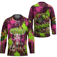 Nevada Area 51 Bull Skull Alien UFO Hockey Jersey Vibrant Pink Lime Paint Drip Graffiti Street Art Style