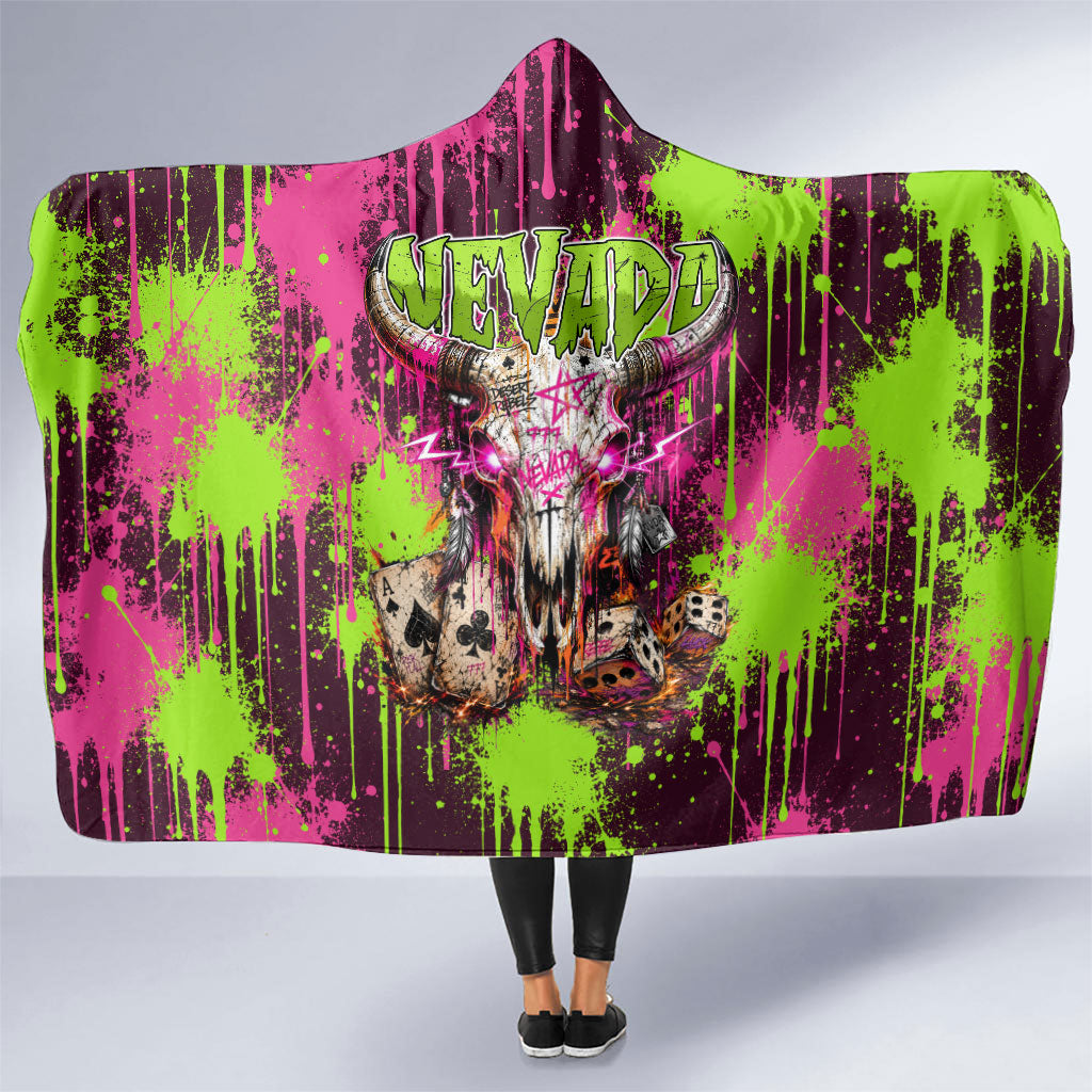 Nevada Area 51 Bull Skull Alien UFO Hooded Blanket Vibrant Pink Lime Paint Drip Graffiti Street Art Style