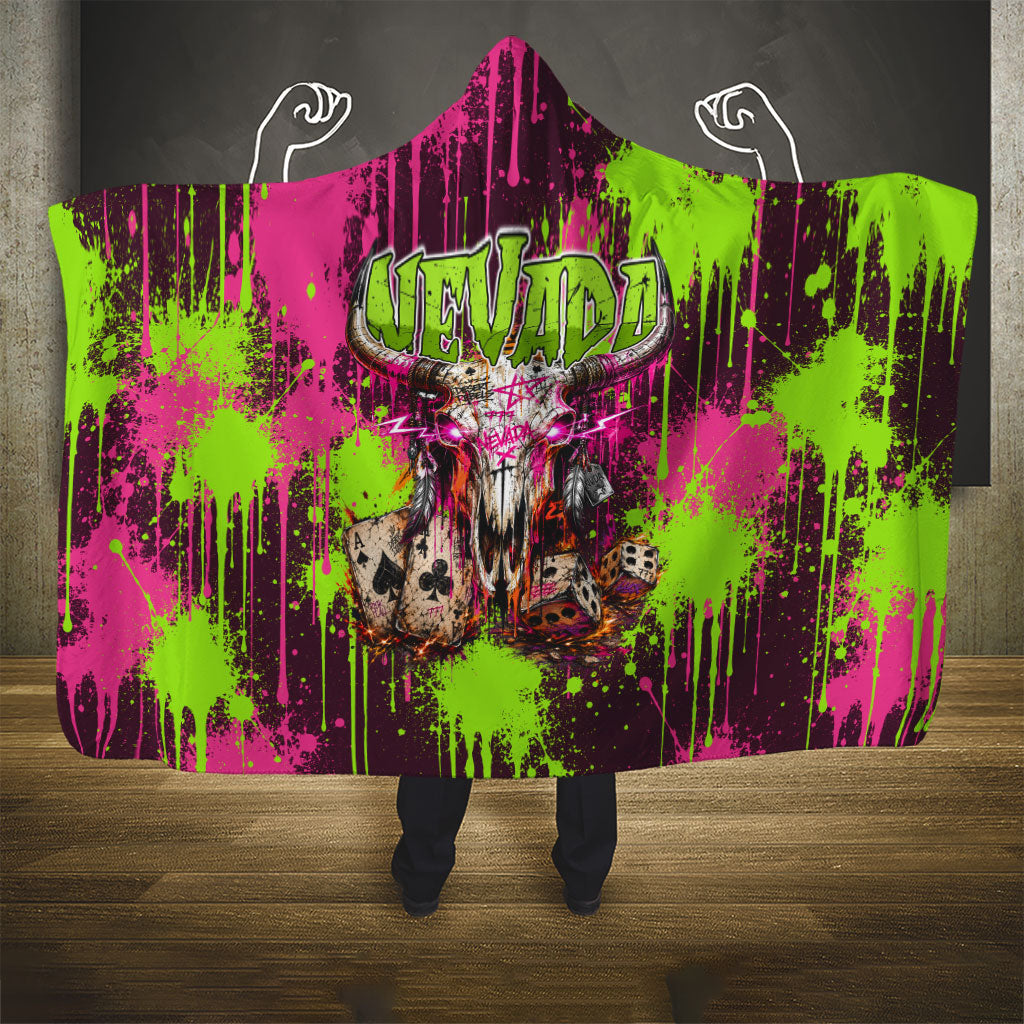 Nevada Area 51 Bull Skull Alien UFO Hooded Blanket Vibrant Pink Lime Paint Drip Graffiti Street Art Style