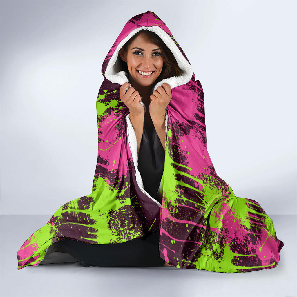 Nevada Area 51 Bull Skull Alien UFO Hooded Blanket Vibrant Pink Lime Paint Drip Graffiti Street Art Style