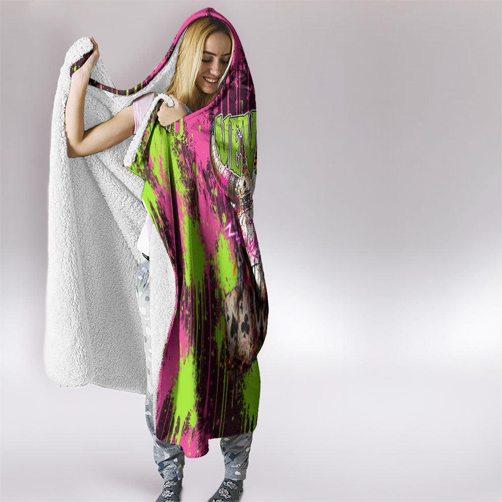 Nevada Area 51 Bull Skull Alien UFO Hooded Blanket Vibrant Pink Lime Paint Drip Graffiti Street Art Style
