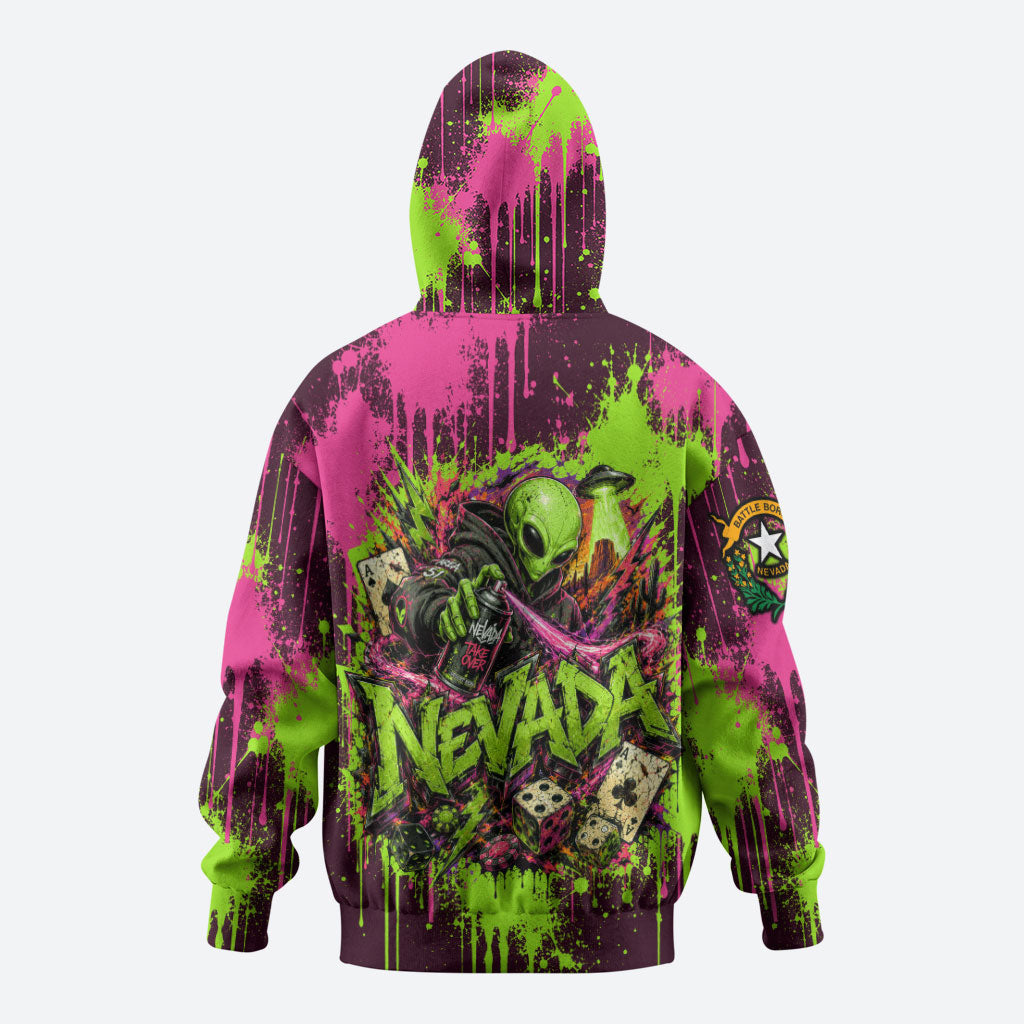 Nevada Area 51 Bull Skull Alien UFO Hoodie Vibrant Pink Lime Paint Drip Graffiti Street Art Style
