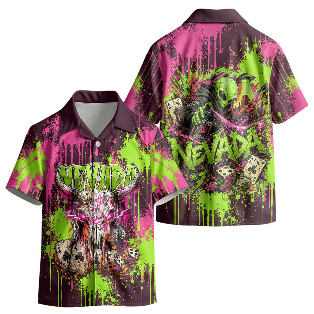 Nevada Area 51 Bull Skull Alien UFO Kid Hawaiian Shirt Vibrant Pink Lime Paint Drip Graffiti Street Art Style