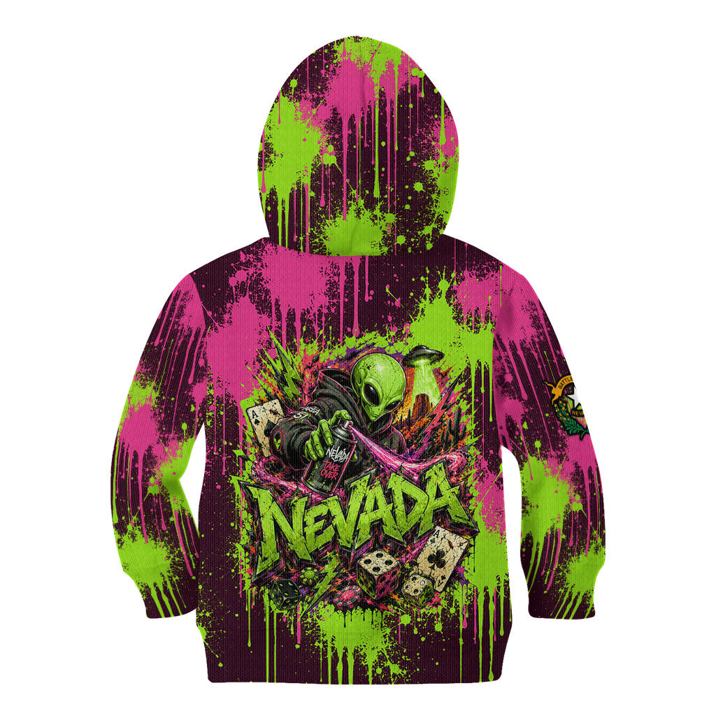 Nevada Area 51 Bull Skull Alien UFO Kid Hoodie Vibrant Pink Lime Paint Drip Graffiti Street Art Style