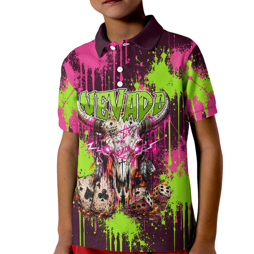 Nevada Area 51 Bull Skull Alien UFO Kid Polo Shirt Vibrant Pink Lime Paint Drip Graffiti Street Art Style