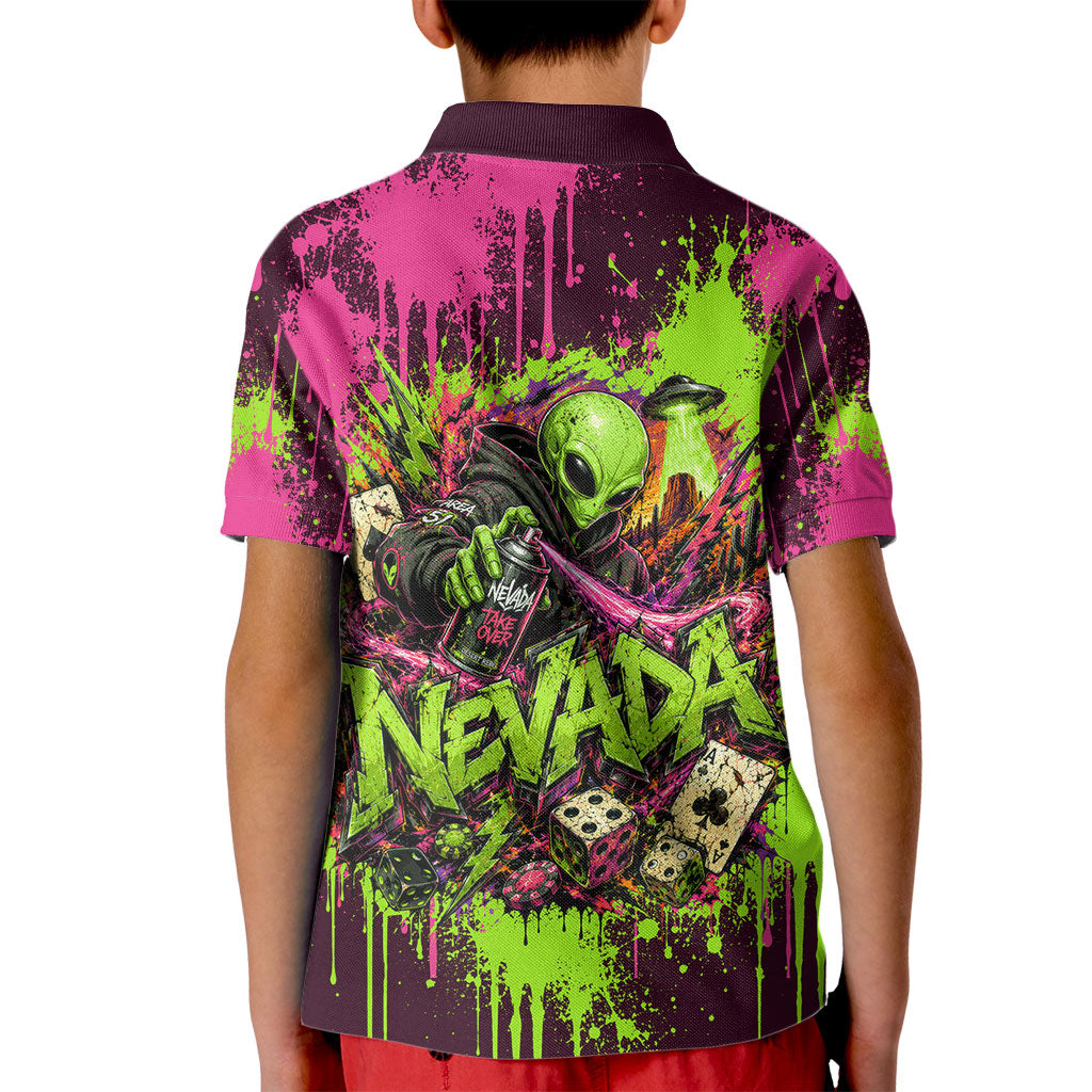 Nevada Area 51 Bull Skull Alien UFO Kid Polo Shirt Vibrant Pink Lime Paint Drip Graffiti Street Art Style