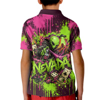 Nevada Area 51 Bull Skull Alien UFO Kid Polo Shirt Vibrant Pink Lime Paint Drip Graffiti Street Art Style