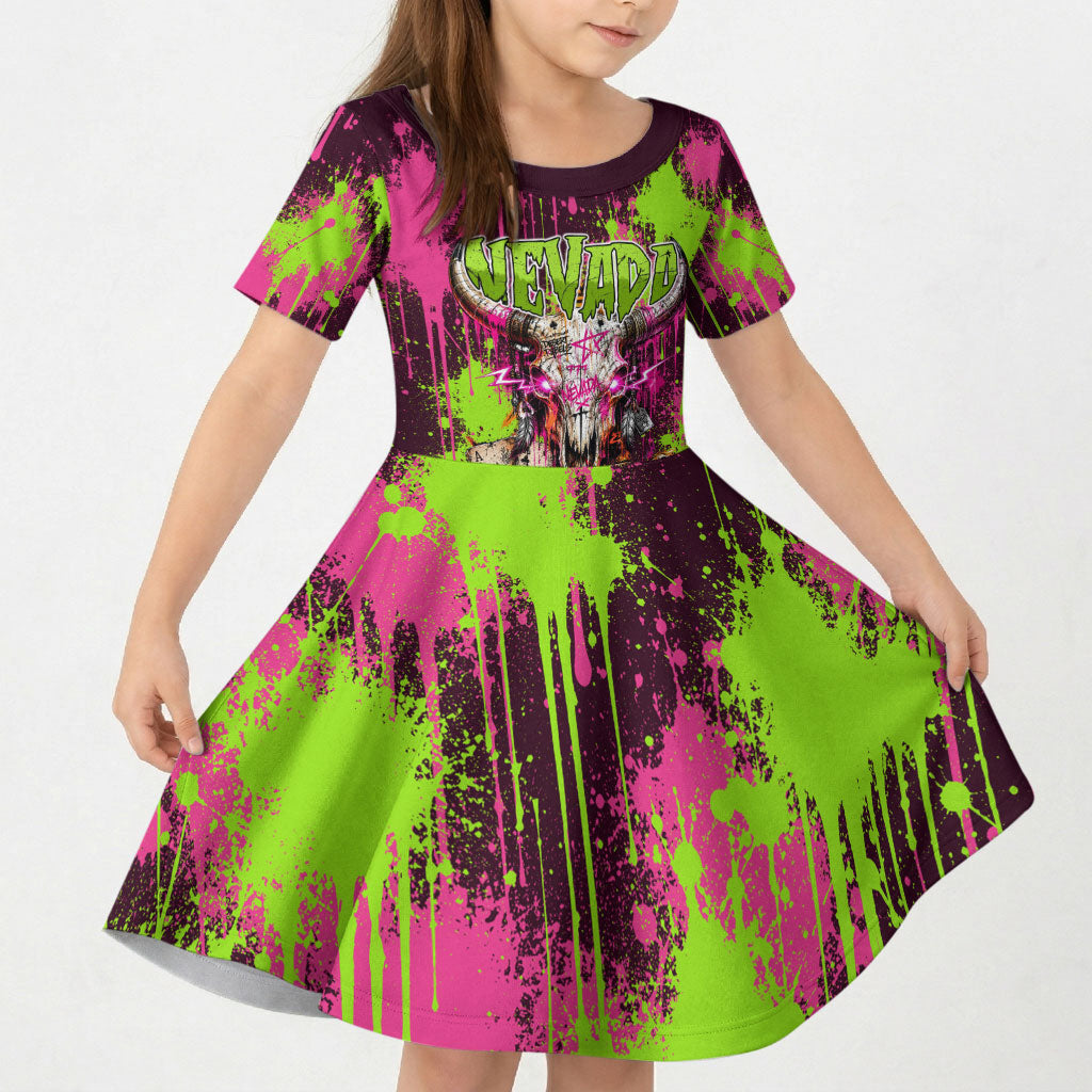 Nevada Area 51 Bull Skull Alien UFO Kid Short Sleeve Dress Vibrant Pink Lime Paint Drip Graffiti Street Art Style