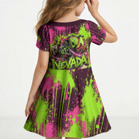 Nevada Area 51 Bull Skull Alien UFO Kid Short Sleeve Dress Vibrant Pink Lime Paint Drip Graffiti Street Art Style