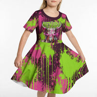 Nevada Area 51 Bull Skull Alien UFO Kid Short Sleeve Dress Vibrant Pink Lime Paint Drip Graffiti Street Art Style