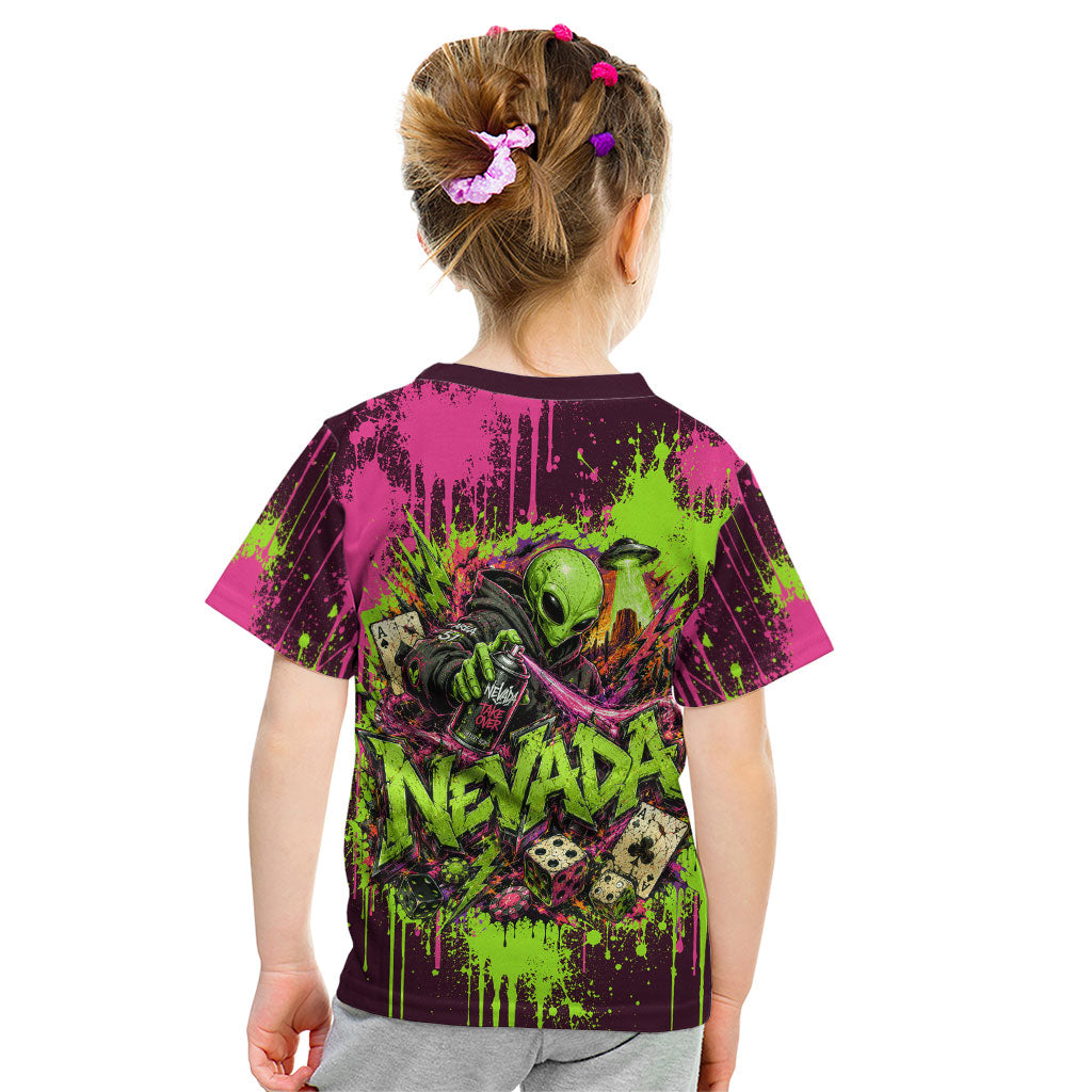 Nevada Area 51 Bull Skull Alien UFO Kid T Shirt Vibrant Pink Lime Paint Drip Graffiti Street Art Style