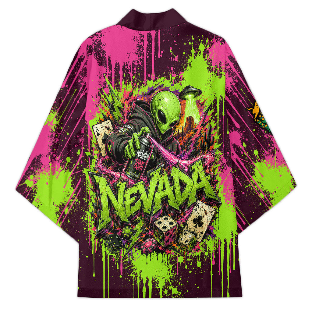 Nevada Area 51 Bull Skull Alien UFO Kimono Vibrant Pink Lime Paint Drip Graffiti Street Art Style