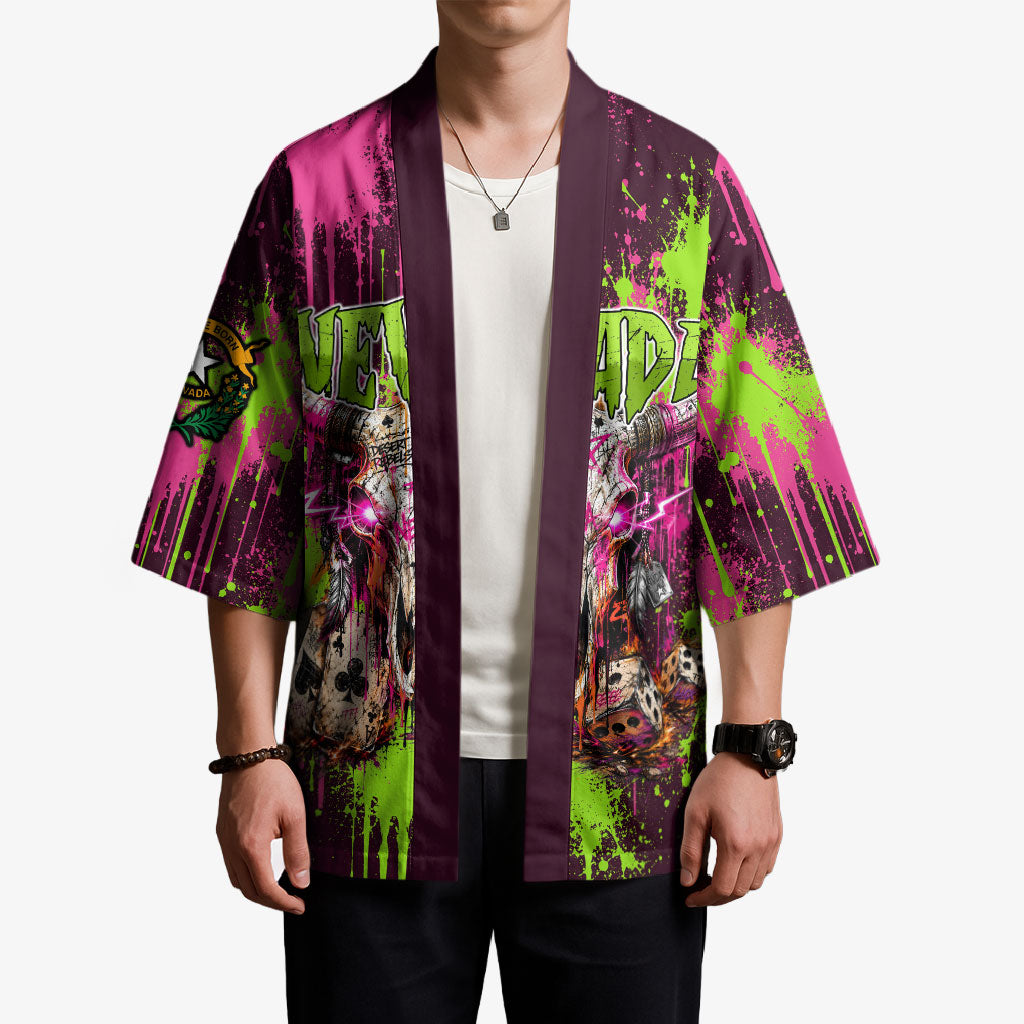 Nevada Area 51 Bull Skull Alien UFO Kimono Vibrant Pink Lime Paint Drip Graffiti Street Art Style