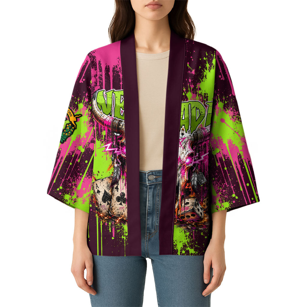 Nevada Area 51 Bull Skull Alien UFO Kimono Vibrant Pink Lime Paint Drip Graffiti Street Art Style