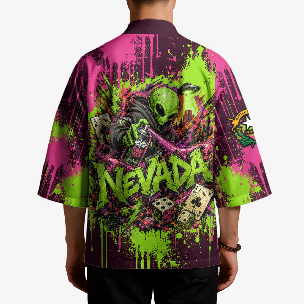 Nevada Area 51 Bull Skull Alien UFO Kimono Vibrant Pink Lime Paint Drip Graffiti Street Art Style