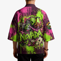 Nevada Area 51 Bull Skull Alien UFO Kimono Vibrant Pink Lime Paint Drip Graffiti Street Art Style