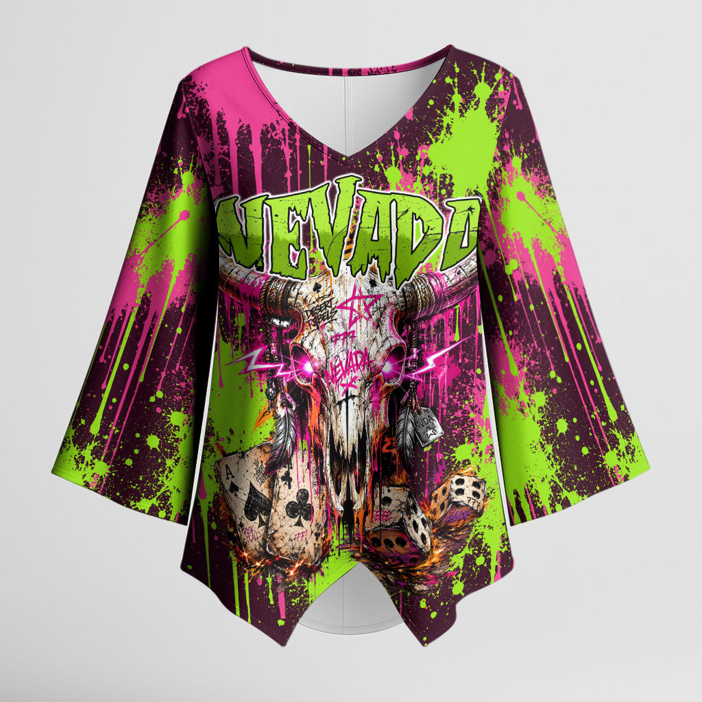 Nevada Area 51 Bull Skull Alien UFO Kimono Sleeve Blouse Vibrant Pink Lime Paint Drip Graffiti Street Art Style