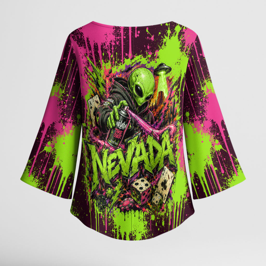 Nevada Area 51 Bull Skull Alien UFO Kimono Sleeve Blouse Vibrant Pink Lime Paint Drip Graffiti Street Art Style