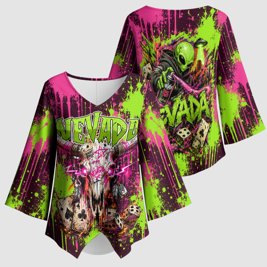 Nevada Area 51 Bull Skull Alien UFO Kimono Sleeve Blouse Vibrant Pink Lime Paint Drip Graffiti Street Art Style
