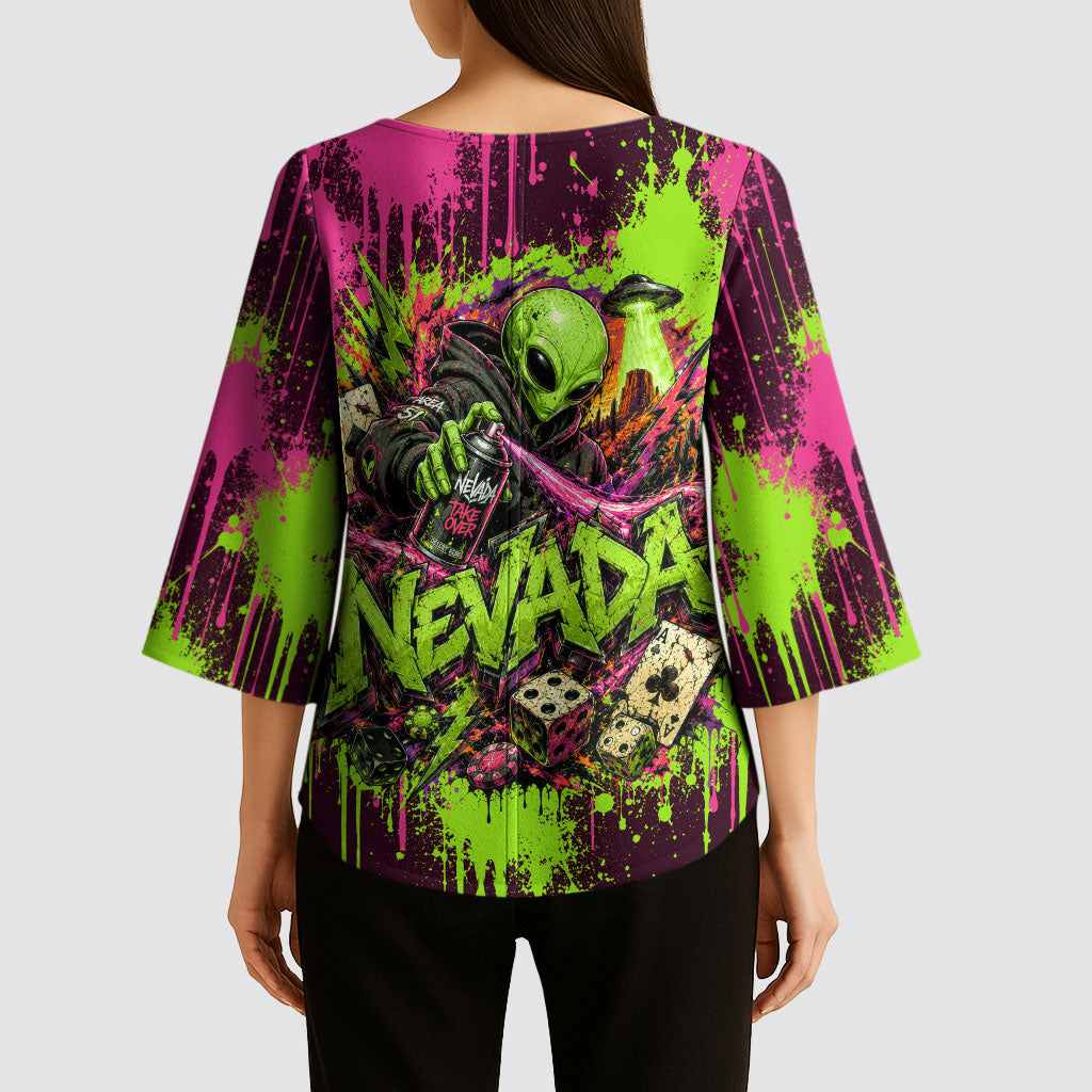 Nevada Area 51 Bull Skull Alien UFO Kimono Sleeve Blouse Vibrant Pink Lime Paint Drip Graffiti Street Art Style