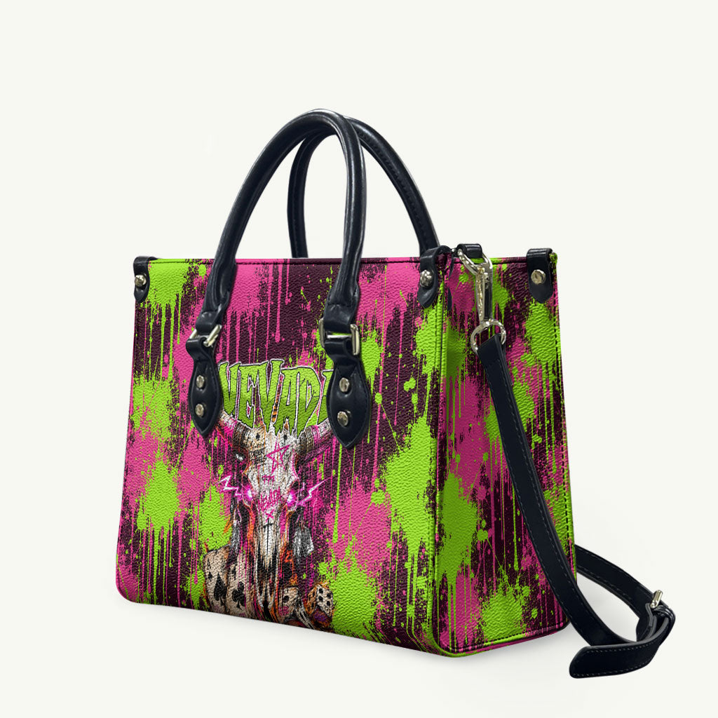 Nevada Area 51 Bull Skull Alien UFO Leather Bag Vibrant Pink Lime Paint Drip Graffiti Street Art Style
