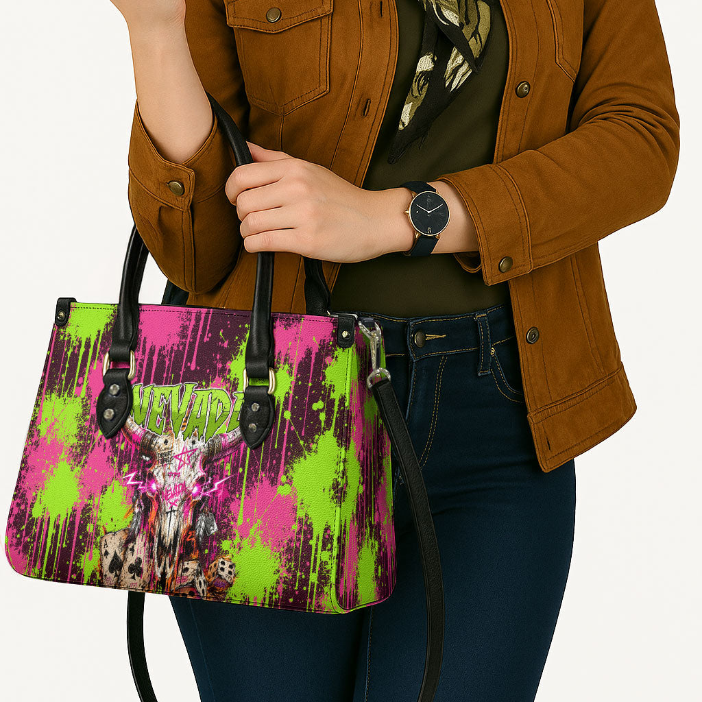 Nevada Area 51 Bull Skull Alien UFO Leather Bag Vibrant Pink Lime Paint Drip Graffiti Street Art Style