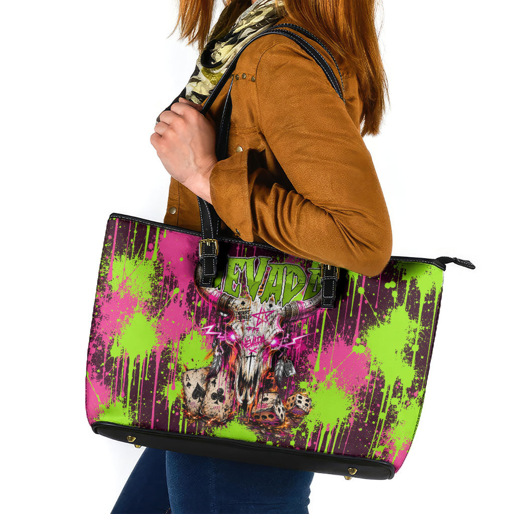 Nevada Area 51 Bull Skull Alien UFO Leather Tote Bag Vibrant Pink Lime Paint Drip Graffiti Street Art Style