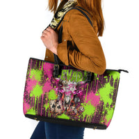 Nevada Area 51 Bull Skull Alien UFO Leather Tote Bag Vibrant Pink Lime Paint Drip Graffiti Street Art Style