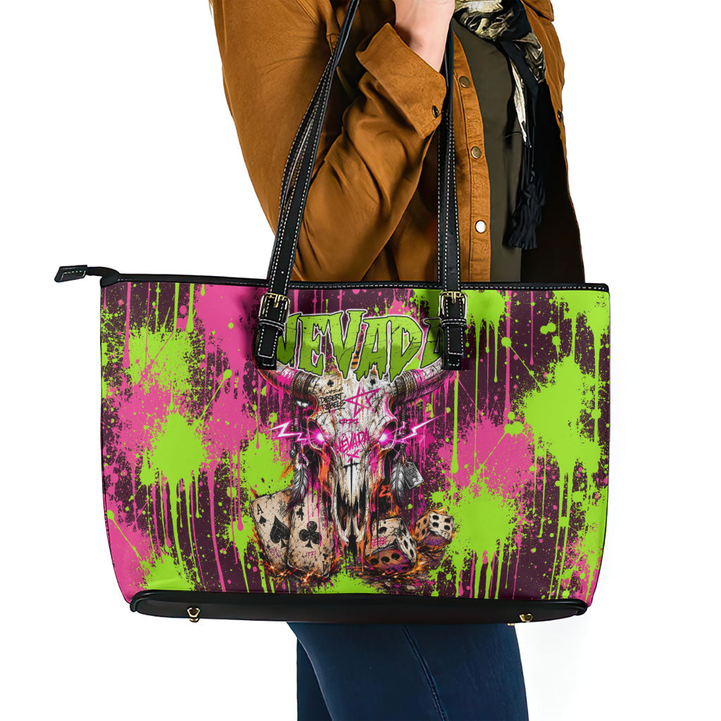 Nevada Area 51 Bull Skull Alien UFO Leather Tote Bag Vibrant Pink Lime Paint Drip Graffiti Street Art Style