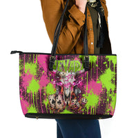 Nevada Area 51 Bull Skull Alien UFO Leather Tote Bag Vibrant Pink Lime Paint Drip Graffiti Street Art Style