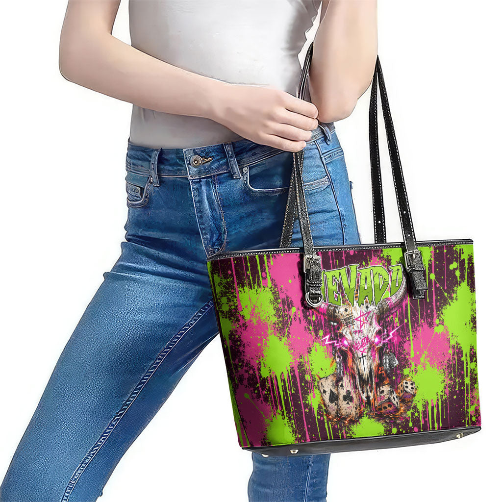 Nevada Area 51 Bull Skull Alien UFO Leather Tote Bag Vibrant Pink Lime Paint Drip Graffiti Street Art Style